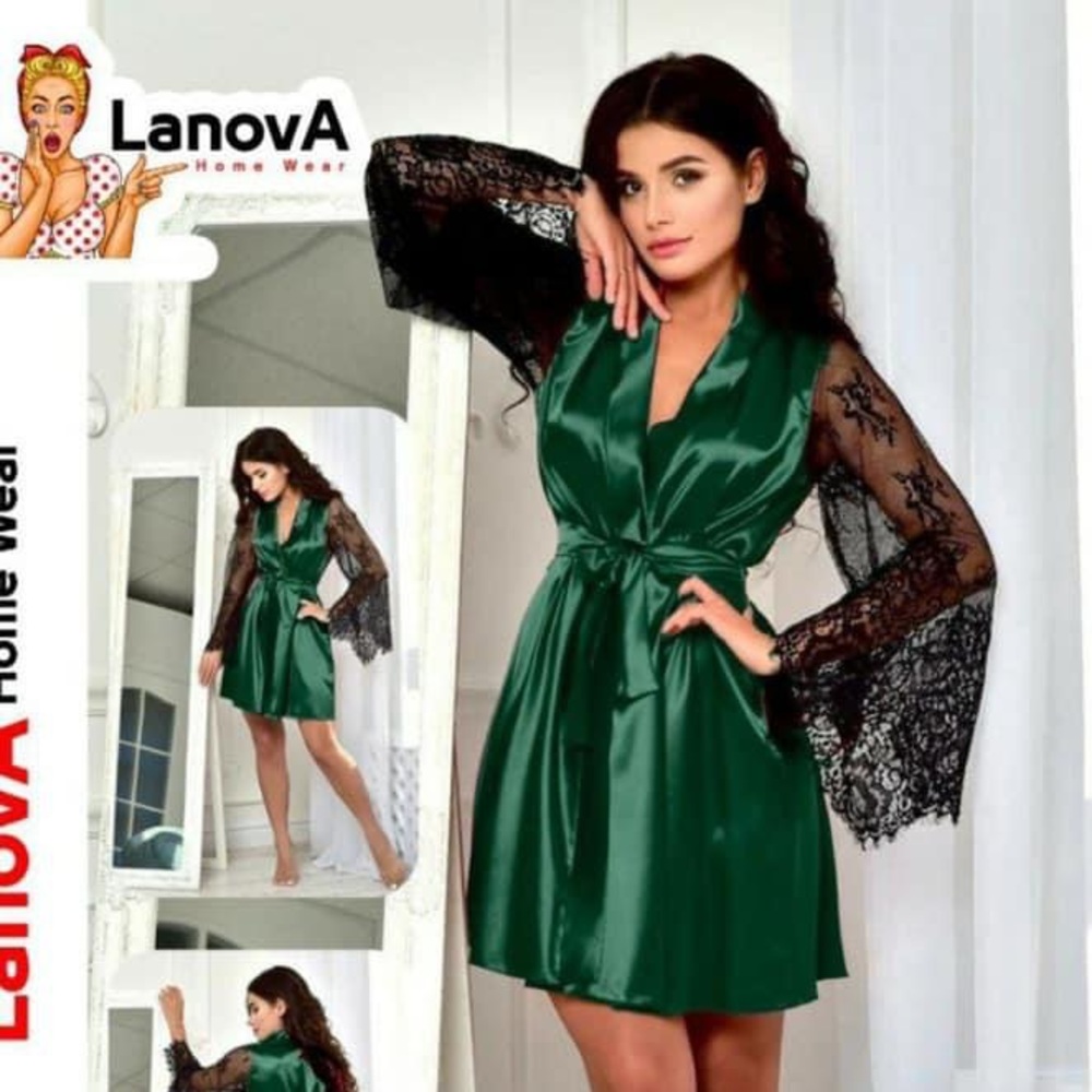 Bridal Robe Green Lace Sleeve Robe Wedding Kimono Robe short bride satin robe.